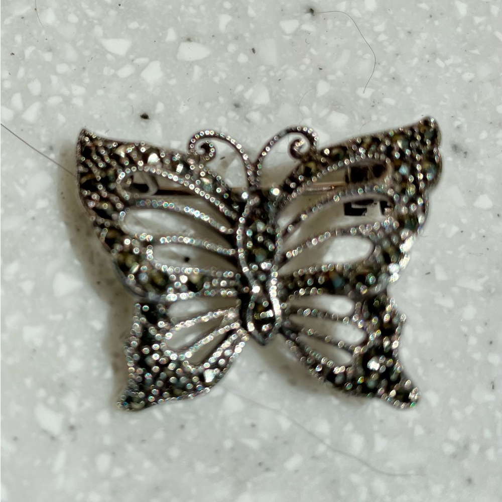 Tiny Marcasite Silver Butterfly Pin - Picture 2 of 3